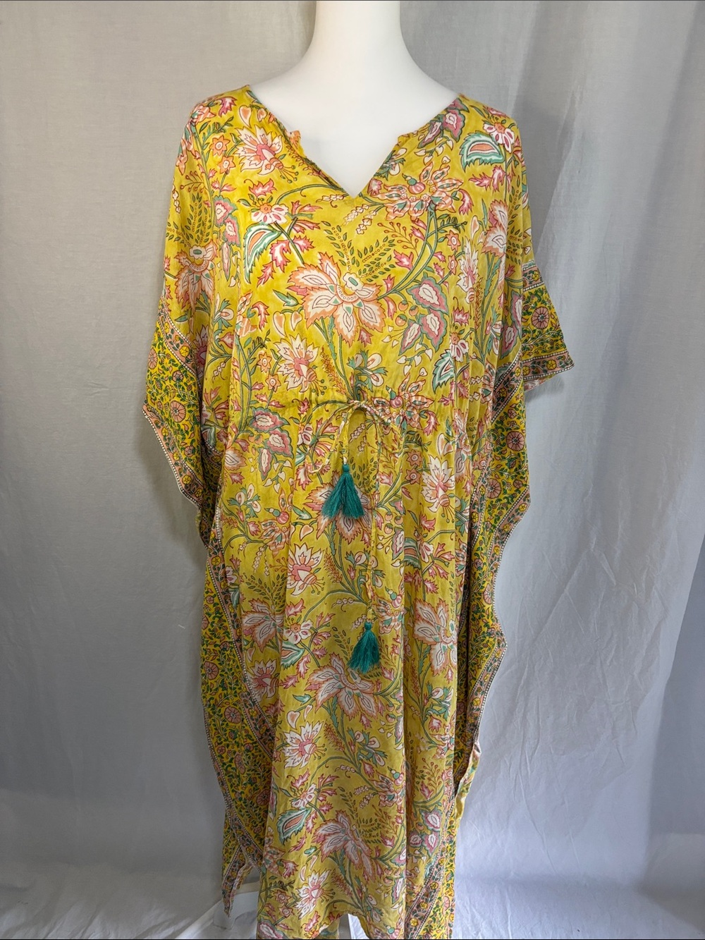 Cost Plus World Market Yellow Floral Maxi Caftan with Pink and Teal Accents